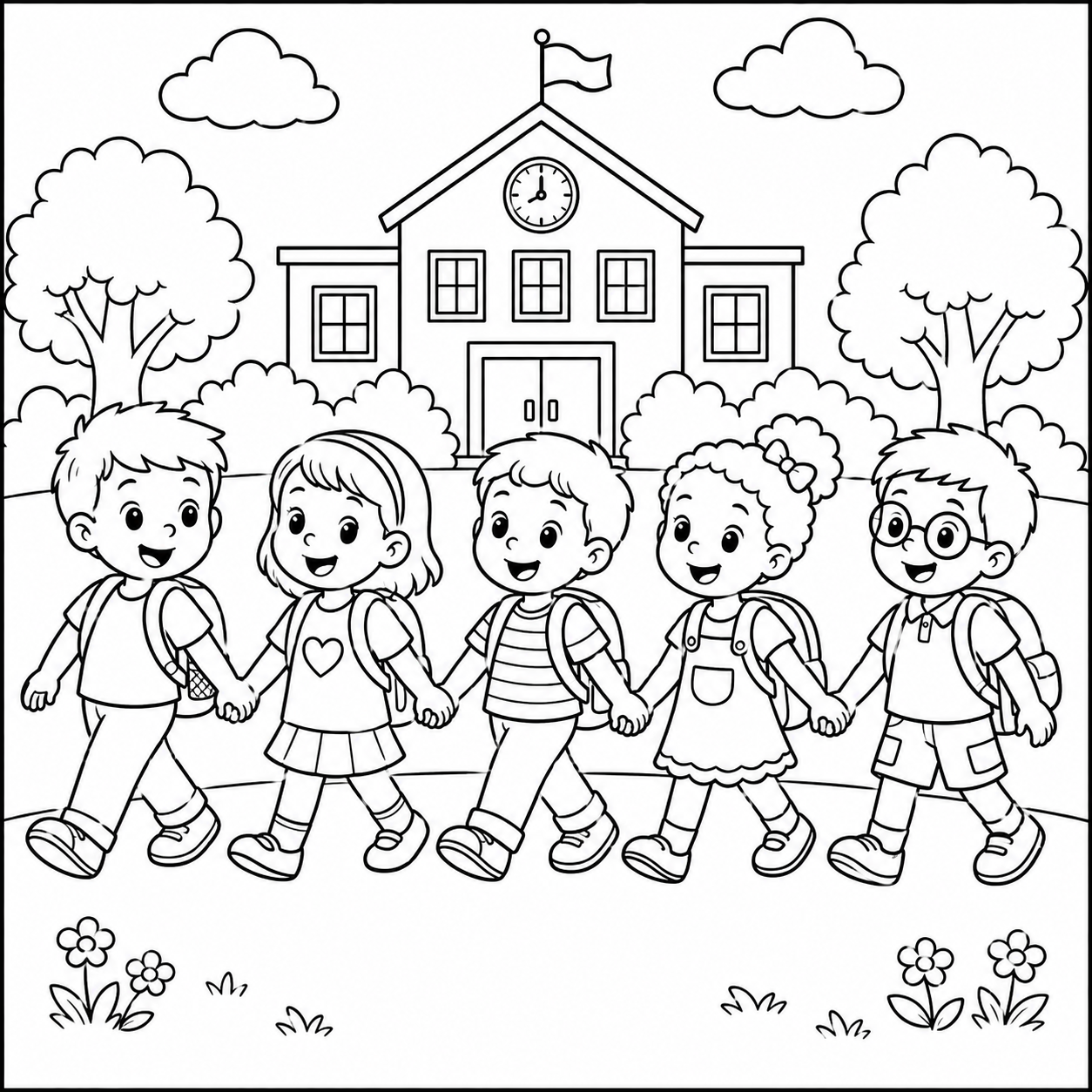 Kids Holding Hands in Line coloring page showing diverse students walking to school together